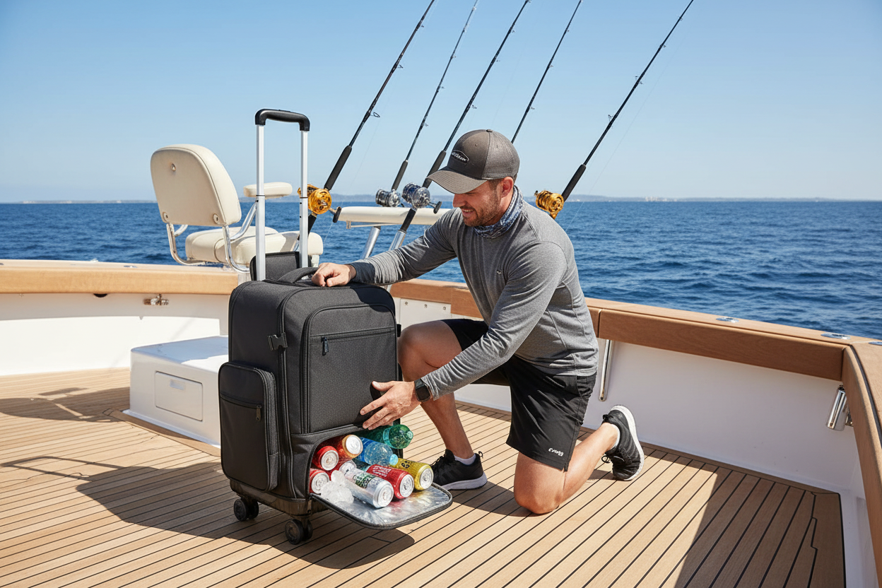 Man on fishing boat with bottom compartment open for drinks