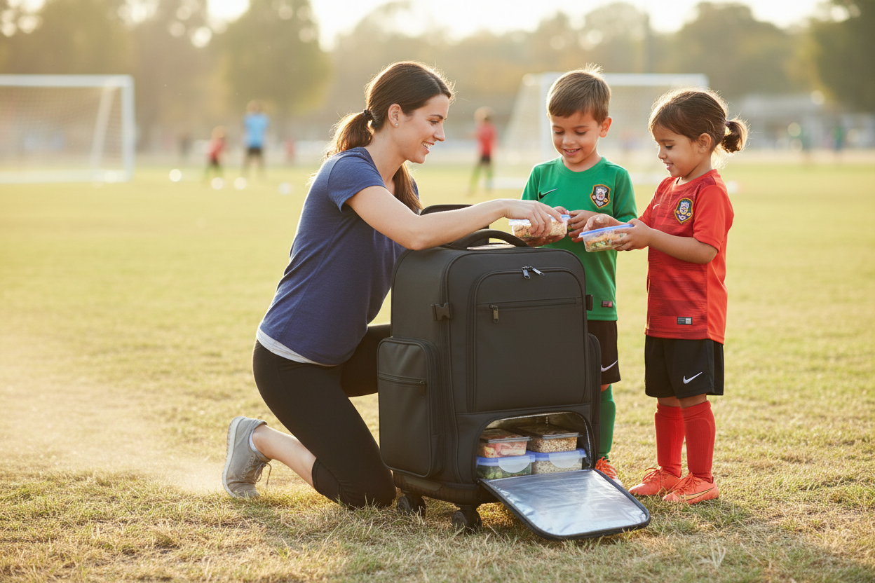 Mom giving food to kids from meal prep bag
