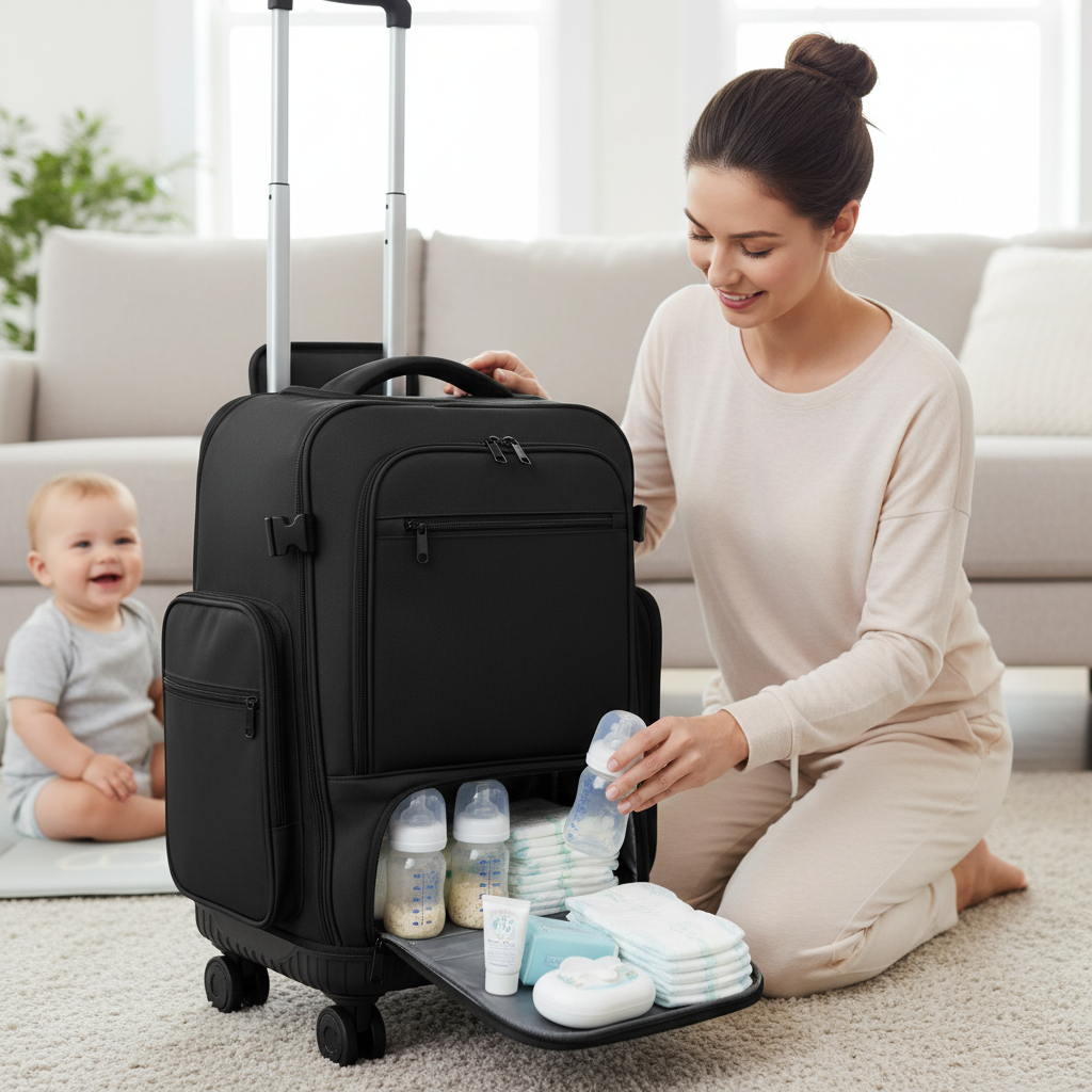 Mom pulling baby bottles from meal prep bag